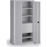 Policová dílenská skříň na nářadí KOVOS, 4 police, 4 zásuvky, perforovaná, 950 x 600 x 1950 mm, šedá