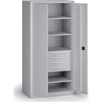 Policová dílenská skříň na nářadí KOVOS, 4 police, 4 zásuvky, perforovaná, 950 x 600 x 1950 mm, šedá