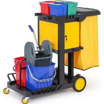 Úklidový vozík Profesionální úklidový vozík se 6 kbelíky, držáky mopu, skříňkou a&nbsp;pytlem s víkem, 1120 × 710 × 1100 mm