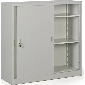Policová skříň Kovová skříň s posuvnými dveřmi, 2 police, 1200 x 1200 x 450 mm, světle šedá