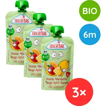 Dětská výživa FruchtBar BIO ovocná kapsička s jablkem, ananasem, mangem, banánem a mandarinkou 3× 100 g