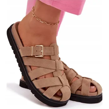 Dámské pantofle NAZOUVÁKY DÁMSKÉ S PÁSKY A ZLATOU PŘEZKOU EKO SEMIŠOVÉ TMAVĚ BÉŽOVÉ 37