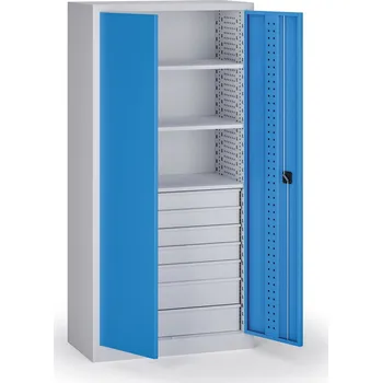 Policová dílenská skříň 2-dveřová, 3 police + 7 zásuvek, 1950 × 950 × 500 mm, modré dveře