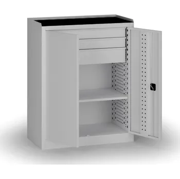 Policová dílenská skříň 2-dveřová, 1 police + 3 zásuvky, 1180 × 950 × 500 mm, šedé dveře