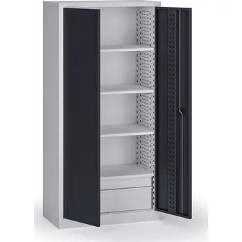 Policová dílenská skříň 2-dveřová, 4 police + 2 zásuvky, 1950 × 950 × 500 mm, grafitové dveře