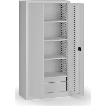 Policová dílenská skříň 2-dveřová, 4 police + 2 zásuvky, 1950 × 950 × 500 mm, šedé dveře