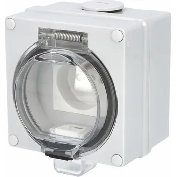 Elektrická zásuvka FAMATEL 79021-00 TITAN Zásuvka 16A/250V/2P+PE s ochranným kolíkem, šedá, transparentní víko, nástěnná, 100x100x73mm, IP66