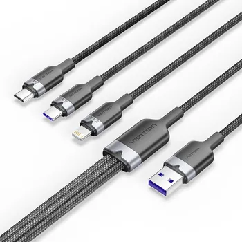 Kabel Vention USB 2.0 A Male to 3-in-1 USB-C & Lightning & Micro-B Male 6A Cable 1.5M Black Aluminum Alloy