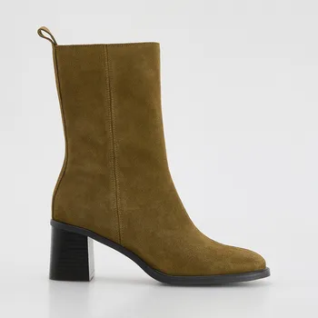 Dámská zimní obuv Reserved - Semišové kotníkové boty na podpatku - hnědozelená - 635ID-78X - 635ID-78X-36