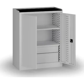 Policová dílenská skříň 2-dveřová, 2 police + 2 zásuvky, 1180 × 950 × 500 mm, šedé dveře