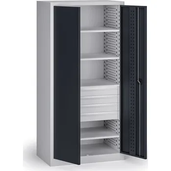 Policová dílenská skříň na nářadí KOVOS, 4 police, 4 zásuvky, perforovaná, 950 x 600 x 1950 mm, grafit