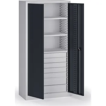 Policová dílenská skříň 2-dveřová, 3 police + 7 zásuvek, 1950 × 950 × 500 mm, grafitové dveře