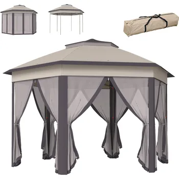 Zahradní altán Skládací šestihranný pavilon 4 x 4 m | béžový