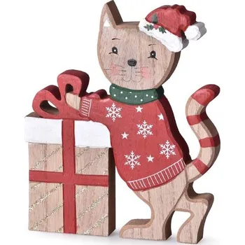 Vánoční dekorace Z - TRADE Dřevěná dekorace kočka s dárkem na postavení, 15 × 18 cm, přírodní