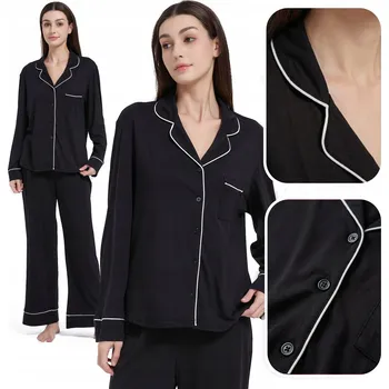 Dámské pyžamo ELEGANTNÍ DVOUDÍLNÉ DÁMSKÉ PYŽAMO ČERNÉ S BÍLÝM LEMOVÁNÍM VEL. M