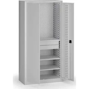 Policová dílenská skříň 2-dveřová, 3 police + 2 zásuvky, 1950 × 950 × 500 mm, šedé dveře