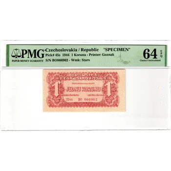 Československo 1 Koruna 1944 S. BO PMG 64 EPQ Specimen