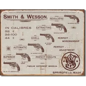 Plechová cedule D.E. metal signs Plechová cedule S&W - REVOLVERS 40 cm x 32 cm