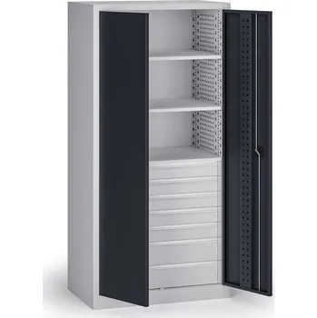 Dílenská zásuvková skříň na nářadí KOVOS, 3 police, 7 zásuvek, perforovaná, 950 x 600 x 1950 mm, grafit