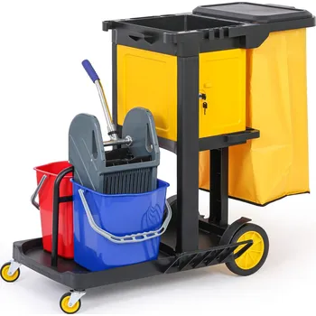 Úklidový vozík Profesionální úklidový vozík se 2 kbelíky, držáky mopu, skříňkou a&nbsp;pytlem s víkem, 1120 × 710 × 990 mm