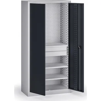 Policová dílenská skříň 2-dveřová, 3 police + 2 zásuvky, 1950 × 950 × 500 mm, grafitové dveře
