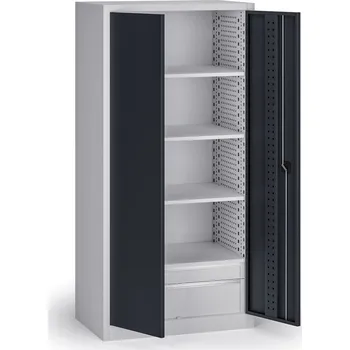 Policová dílenská skříň na nářadí KOVOS, perforovaný panel, 4 police, 2 zásuvky, 950 x 600 x 1950 mm, grafit