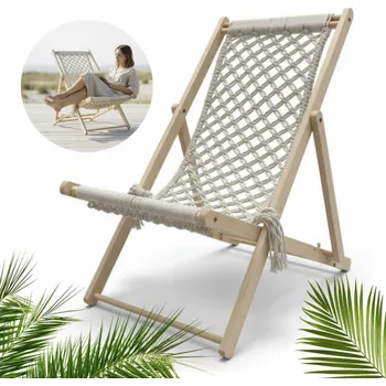 Zahradní lehátko Dřevěné zahradní lehátko s MAKRAMÉ , skládací béžová