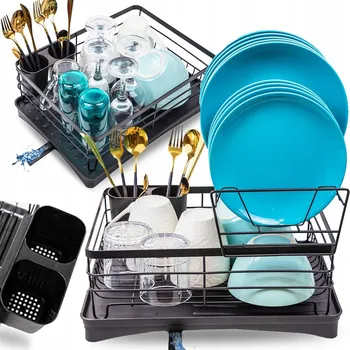 Odkapávač na nádobí Dvoupatrový odkapávač na nádobí kovový černý s odtokem a nádobkou na příbory