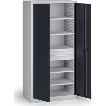 Policová dílenská skříň na nářadí KOVOS, perforovaný panel, 5 polic, 2 zásuvky, 950 x 600 x 1950 mm, grafit