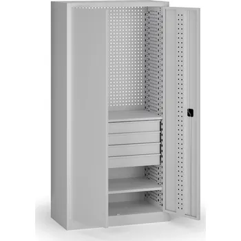 Policová dílenská skříň 2-dveřová, 2 police + 4 zásuvky, 1950 × 950 × 500 mm, šedé dveře