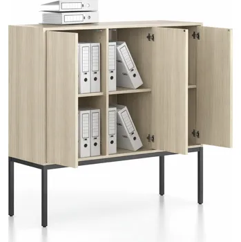 Kancelářská sestava Kancelářská skříň FRAME, nízká, černá podnož, 3x dveře, 1299 x 450 x 1331 mm, PUSH-lock, dub přírodní