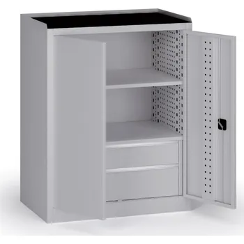 Dílenská skříň nízká na nářadí KOVOS, 2 police, 2 zásuvky, 950 x 600 x 1180 mm, šedá