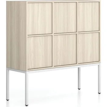 Kancelářská sestava Kancelářská skříň FRAME, nízká, bílá podnož, 6x dveře, 1299 x 450 x 1331 mm, PUSH-lock, dub přírodní