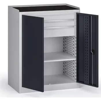 Dílenská skříň nízká na nářadí KOVOS, 1 police, 3 zásuvky, 950 x 600 x 1180 mm, grafit