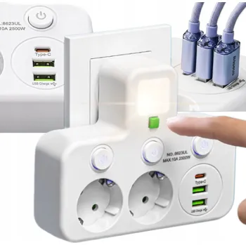 Elektrická zásuvka Nástěnná zásuvka rozbočovač 2xAC 2xUSB USB-C síťová nabíječka 2500W