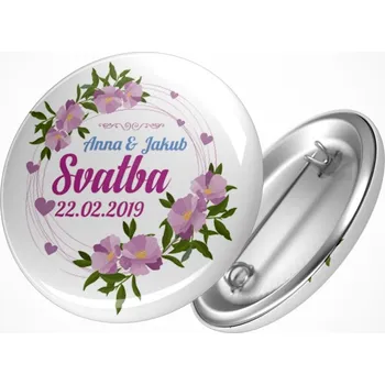 Svatební placka srdce s květy Průměr placky: 25 mm