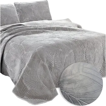 Přehoz na lůžko Přehoz na postel pohovku 200x220 prošívaný velvet velur světle šedý vzor listů