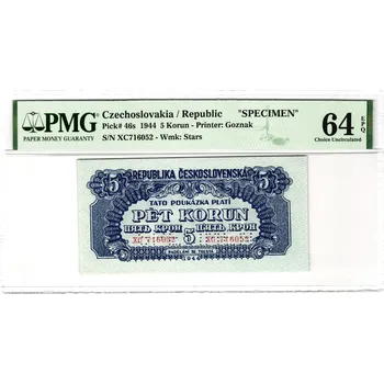 Československo 5 korun 1944 S. XC PMG 64 EPQ Specimen