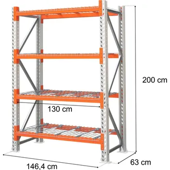 Dílenský regál Kovový skladový regál MGL MAGO HX, 4policový, základní modul, výška 200 cm, hloubka 63 cm, délka 146,4 cm, nosnost 300 kg