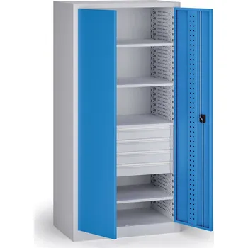 Policová dílenská skříň na nářadí KOVOS, 4 police, 4 zásuvky, perforovaná, 950 x 600 x 1950 mm, modrá