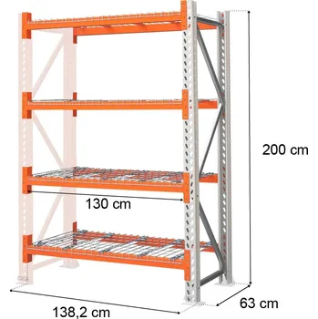 Dílenský regál Kovový skladový regál MGL MAGO HX, 4policový, přídavný modul, výška 200 cm, hloubka 63 cm, délka 138,2 cm, nosnost 300 kg