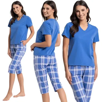 Dámské pyžamo BAVLNĚNÉ DÁMSKÉ PYŽAMO MORAJ DVOUDÍLNÉ KOSTKOVANÉ TMAVĚ MODRÉ L