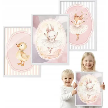 Obraz Sada 3 obrazů BALERÍNA KRÁLÍČEK SRNKA bílý rámeček 30x40 do dětského pokoje