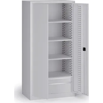 Policová dílenská skříň na nářadí KOVOS, perforovaný panel, 4 police, 2 zásuvky, 950 x 600 x 1950 mm, šedá