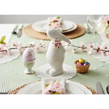 Velikonoční dekorace DOMLY Keramický Zajíc 9,8x7x18,6 Cm Světlé Barvy S Květinovými Ozdobami