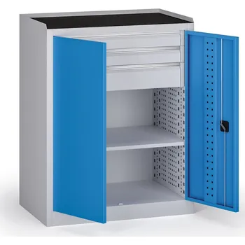 Dílenská skříň nízká na nářadí KOVOS, 1 police, 3 zásuvky, 950 x 600 x 1180 mm, modrá