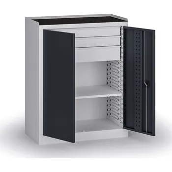 Policová dílenská skříň 2-dveřová, 1 police + 3 zásuvky, 1180 × 950 × 500 mm, grafitové dveře