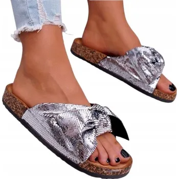 Dámské pantofle Nazouváky Lesklé na korkové podešvi Plážové Pohodlné Stříbrné 36