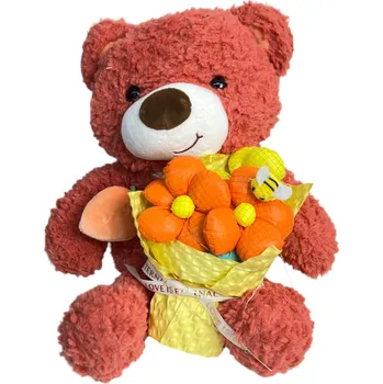 plyšák ANNAM Oranžový plyšový medvěd s kyticí v průhledném boxu 30 cm
