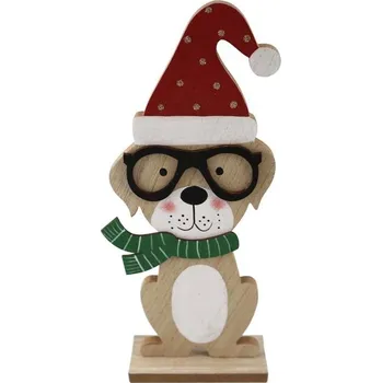 Vánoční dekorace Z - TRADE Dřevěný dekorační pes s brýlemi a Santovskou čepicí na postavení, 12 × 31 cm